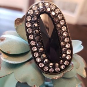 Oversized Black and Rhinestone Statement Cocktail Ring